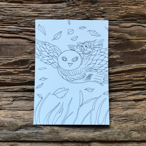Värityskuvakortti, pöllön lento